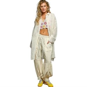 NS23. POL Bohemian Embroidered Long Button Down Neutral Cotton Shirt One Size